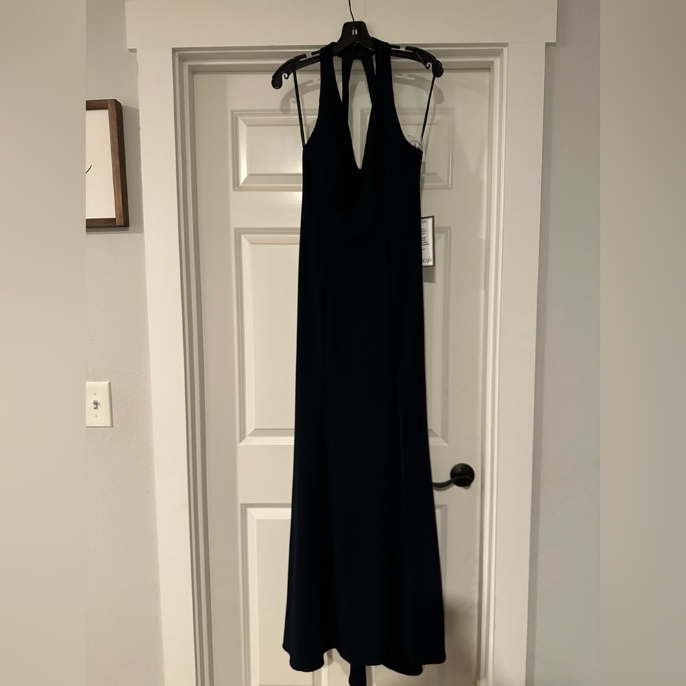 Xscape halter style evening dress, navy blue.